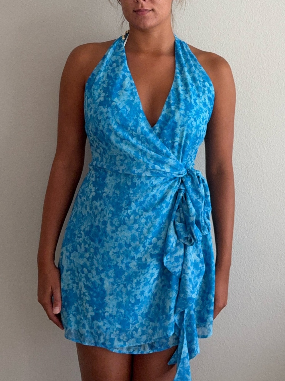 Lulus Blue Floral FloralHalter Wrap Swim Dress